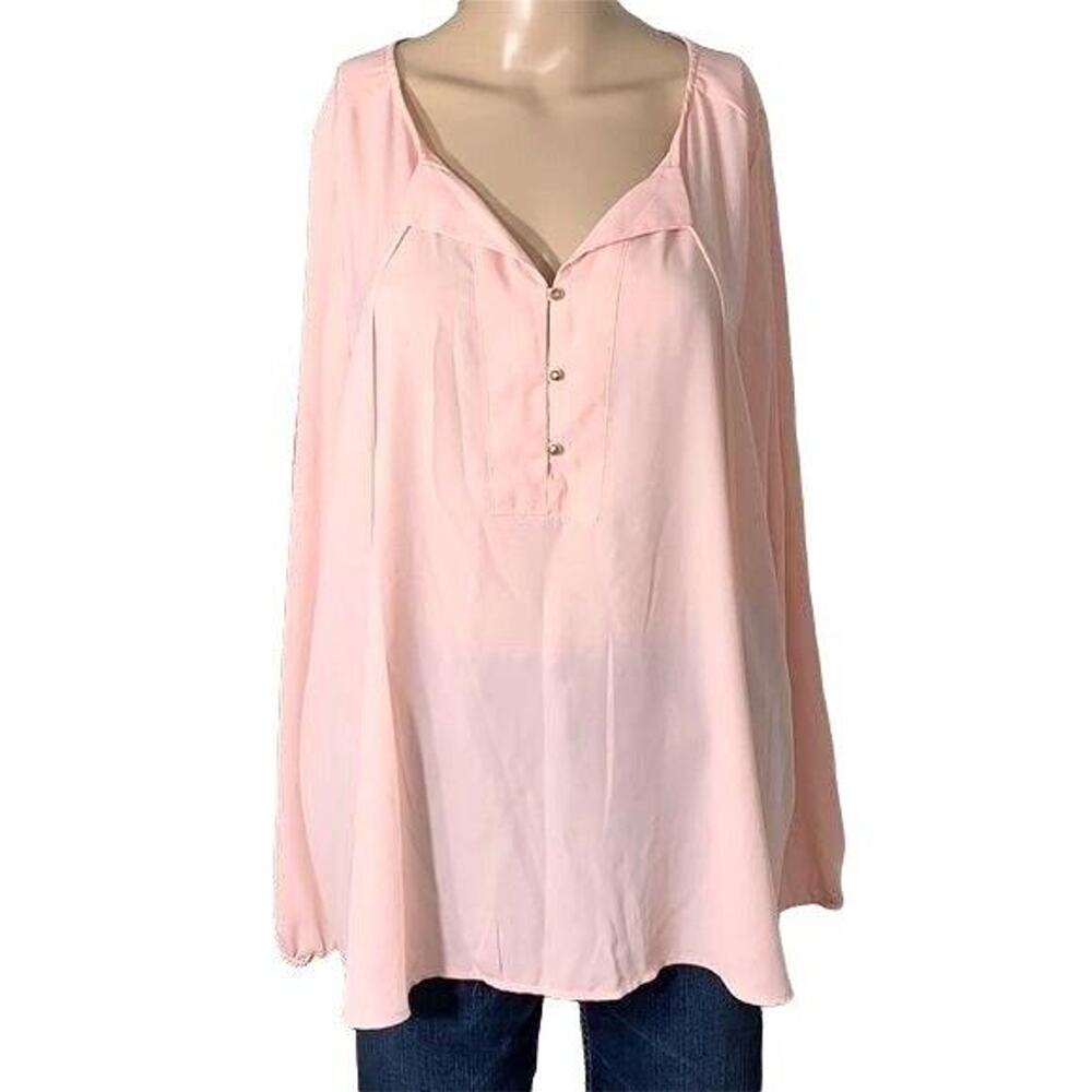 Apt 9 Blush Pink Long Sleeve Tunic Blouse Top Sheer Henley Relaxed Fit Large